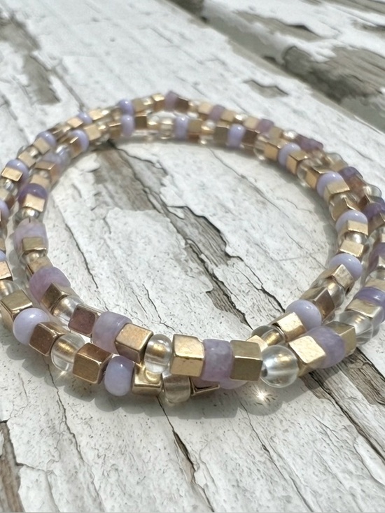 Handmade Jewelry - Lavender & Gold Beaded Stretchy Double Wrap Bracelet - Women Jewelry